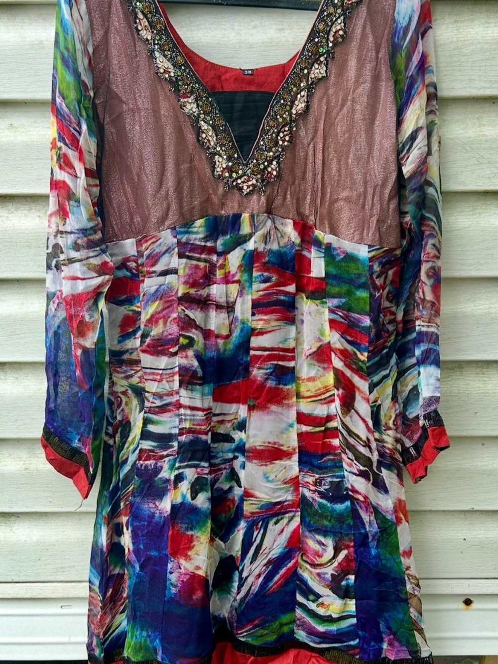 Beautiful "Kurti" style Handmade Silk Dress sz 38 Embellished